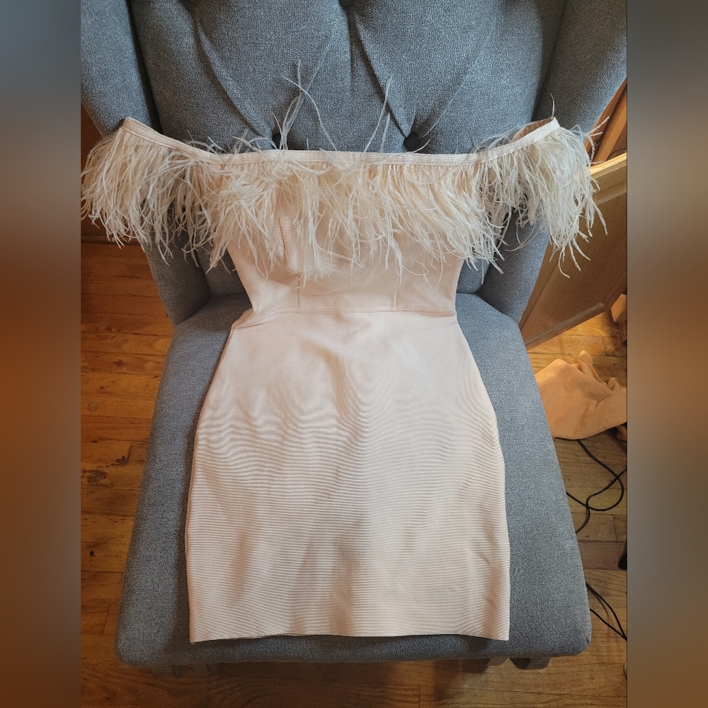 Feather off shoulder dress